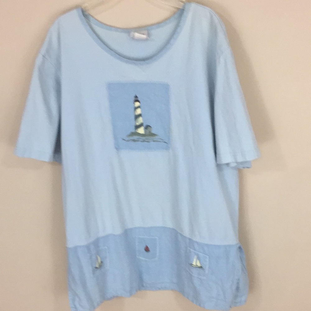 Vintage Donna Blue Lighthouse Sail Boats Top Tunic Size Large Made in USA